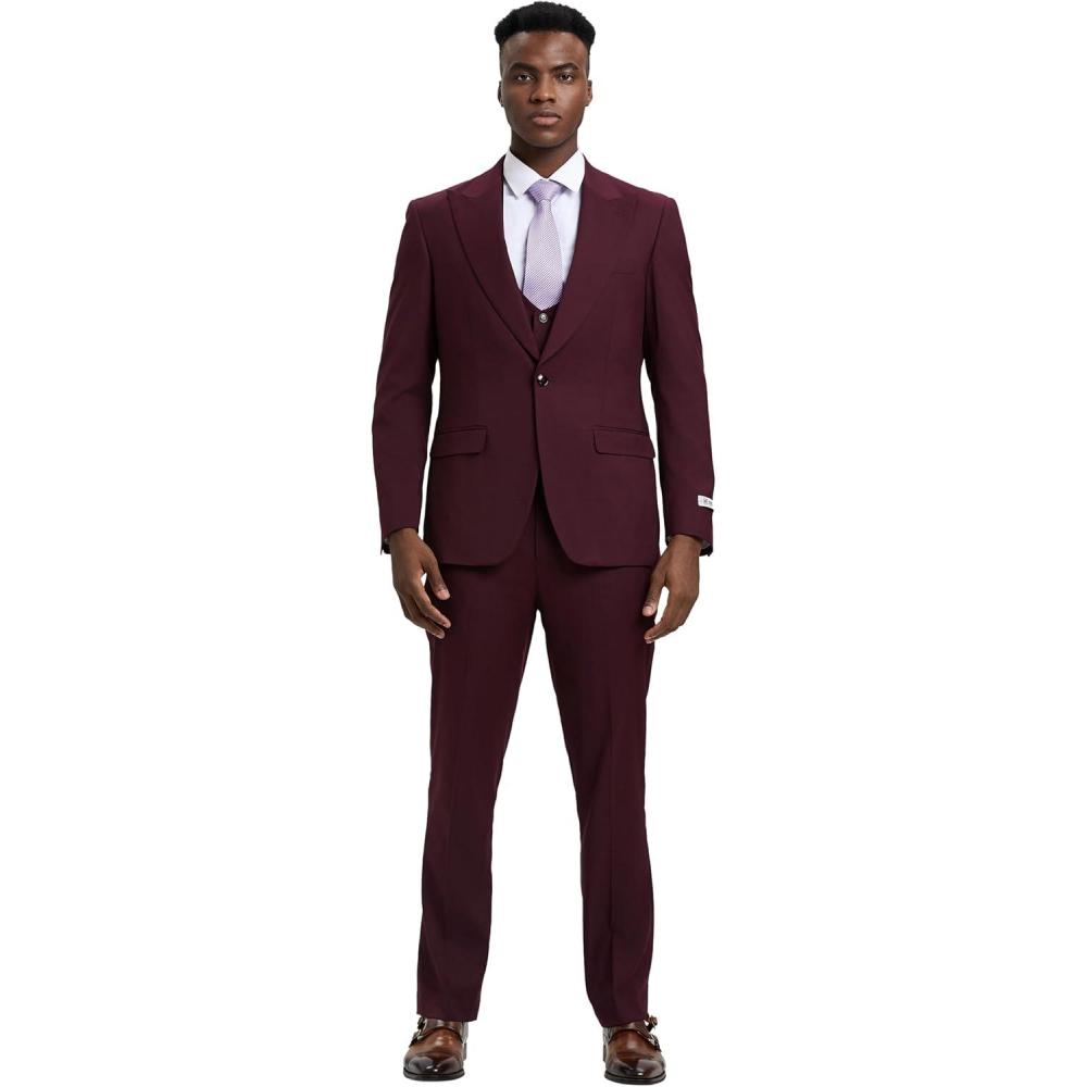 imageSTACY ADAMS Mens Classic 3Piece Suit  Sharp Tailored Jacket Sleek Vest and Modern SlimFit TrousersBurgundy