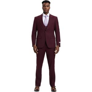 STACY ADAMS Men’s Classic 3-Piece Suit – Sharp Tailored Jacket, Sleek Vest, and Modern Slim-Fit Trousers(Burgundy)