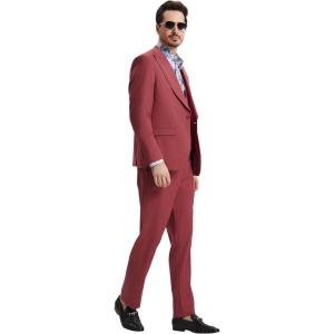 STACY ADAMS Men’s Classic 3-Piece Suit – Sharp Tailored Jacket, Sleek Vest, and Modern Slim-Fit Trousers(Coral)