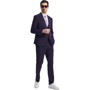 STACY ADAMS Men’s Classic 3-Piece Suit – Sharp Tailored Jacket, Sleek Vest, and Modern Slim-Fit Trousers(Eggplant)