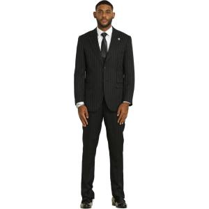 STACY ADAMS Men’s Classic Pinstripe 3-Piece Suit – Sharp Tailored Jacket, Vest, and Trousers(Black)