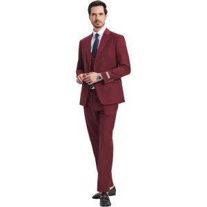 STACY ADAMS Suits 3pc Suit Set, Jacket Vest and Dress Pants,Hybrid-Fit Suits(Burgundy)