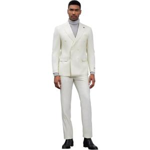 STACY ADAMS Suits 3pc Suit Set,Double Breasted Jacket Vest and Dress Pants,Hybrid-Fit Suits(Ivory)
