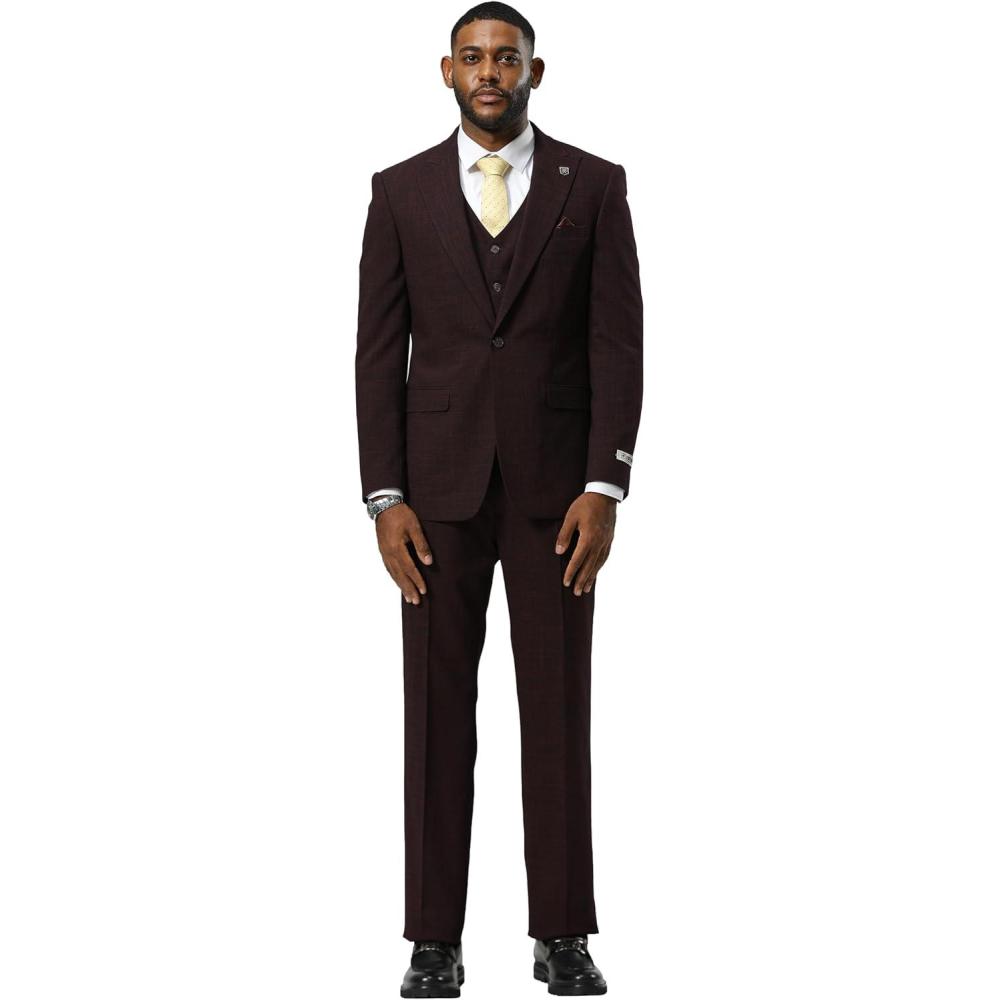 imageSTACY ADAMS Mens Neeson Classic Modern 3Piece Suit  Slim Fit Checkered Print Tailored Jacket Vest and TrousersBurgundy