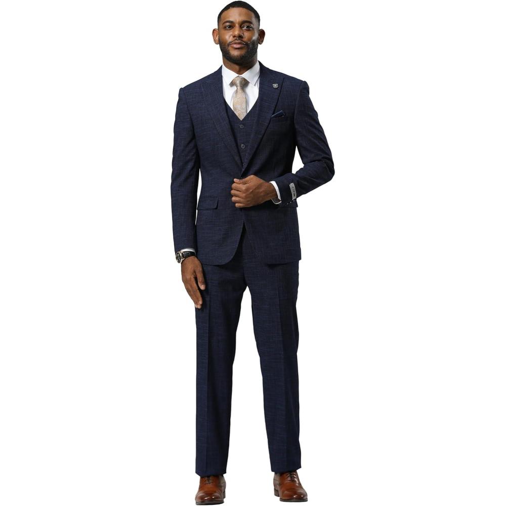 imageSTACY ADAMS Mens Neeson Classic Modern 3Piece Suit  Slim Fit Checkered Print Tailored Jacket Vest and TrousersNavy