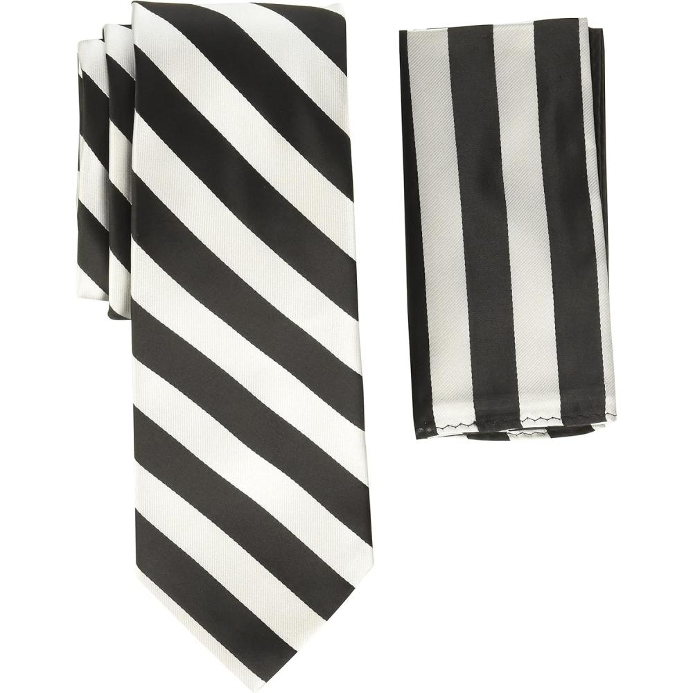imageStacy Adams Mens Solid Woven Formal Stripe Tie SetBlackWhite