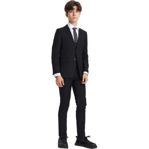 STACY ADAMS Boys’ Classic 5-Piece Suit Set – Blazer, Vest, Pants, Shirt & Tie(Black)