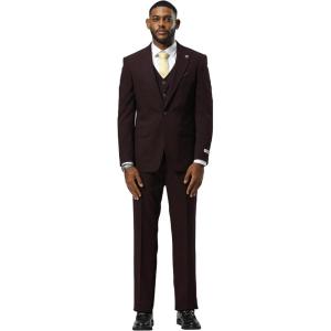 STACY ADAMS Men’s Neeson Classic Modern 3-Piece Suit – Slim Fit Checkered Print Tailored Jacket, Vest, and Trousers(Burgundy)