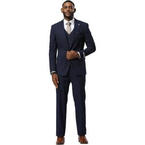 STACY ADAMS Men’s Neeson Classic Modern 3-Piece Suit – Slim Fit Checkered Print Tailored Jacket, Vest, and Trousers(Navy)