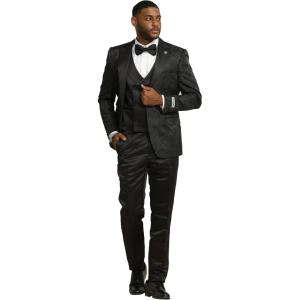 STACY ADAMS Men’s Sleek Modern 3-Piece Suit – Slim Fit Paisley Satin Design Tailored Jacket, with Solid Satin Vest & Trousers(Black)
