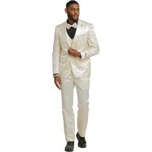 STACY ADAMS Men’s Sleek Modern 3-Piece Suit – Slim Fit Paisley Satin Design Tailored Jacket, with Solid Satin Vest & Trousers(Ivory)