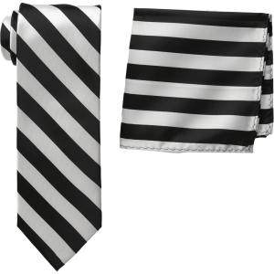 Stacy Adams Men’s Extra Long Formal Stripe Tie Set(Black/White)