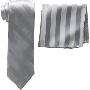 Stacy Adams Men’s Extra Long Formal Stripe Tie Set(Silver)