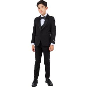 STACY ADAMS Boys’ Classic 5-Piece Tuxedo Set – Blazer, Vest, Pants, Shirt & Tie(Black)