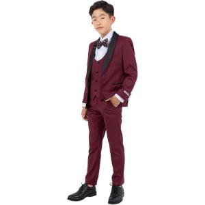 STACY ADAMS Boys’ Classic 5-Piece Tuxedo Set – Blazer, Vest, Pants, Shirt & Tie(Burgundy)