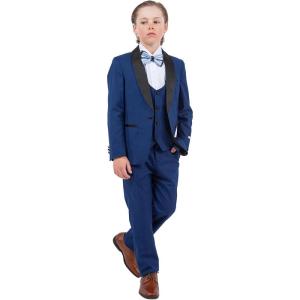 STACY ADAMS Boys’ Classic 5-Piece Tuxedo Set – Blazer, Vest, Pants, Shirt & Tie(Indigo Blue)