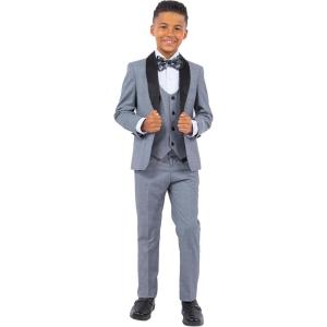 STACY ADAMS Boys’ Classic 5-Piece Tuxedo Set – Blazer, Vest, Pants, Shirt & Tie(Medium Grey)