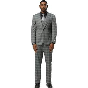 Men’s Tailored 3-Piece Plaid Suit | Windowpane Check Fabric | Single-Breasted Jacket & Vest Set(Grey)