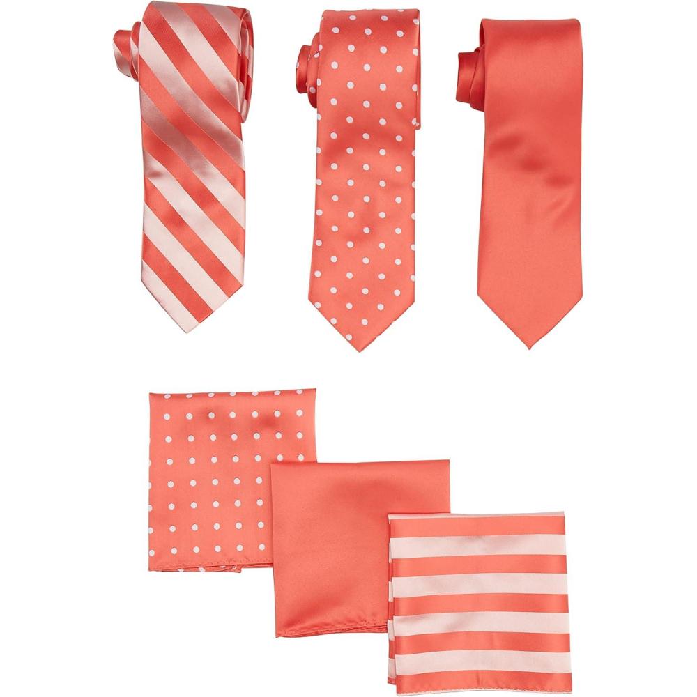 image:imageStacy Adams mens 3 Pack Satin Neckties Solid Striped Dots With Pocket SquaresCoral