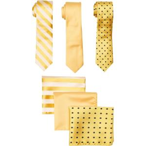Stacy Adams mens 3 Pack Satin Neckties Solid Striped Dots With Pocket Squares(Gold)